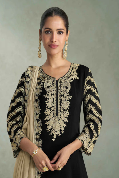 Ziva Noir Embroidered Chinon Silk Set