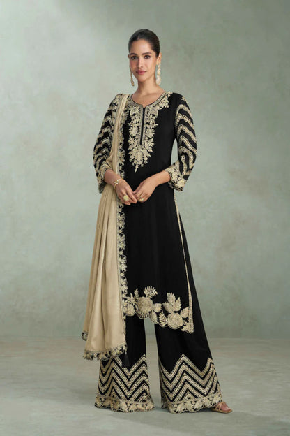 Ziva Noir Embroidered Chinon Silk Set