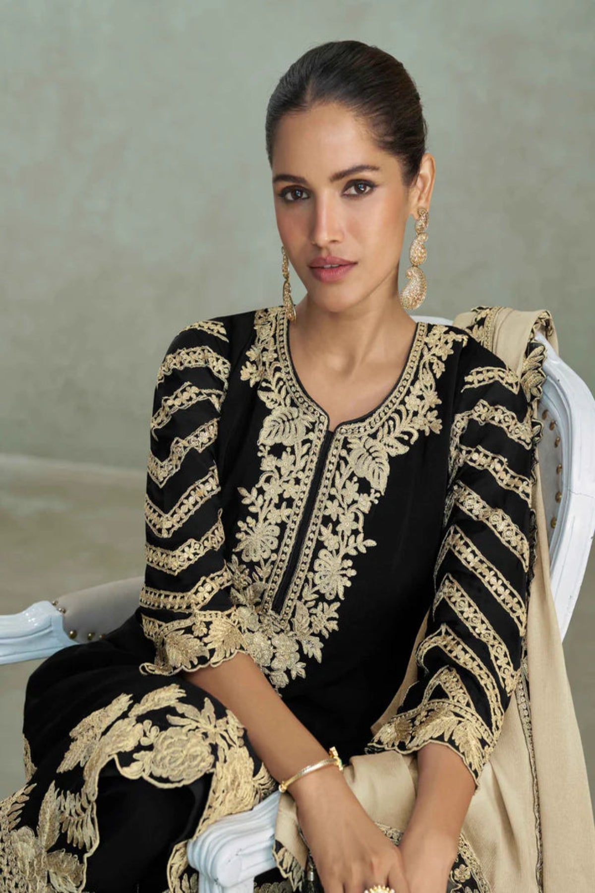 Ziva Noir Embroidered Chinon Silk Set