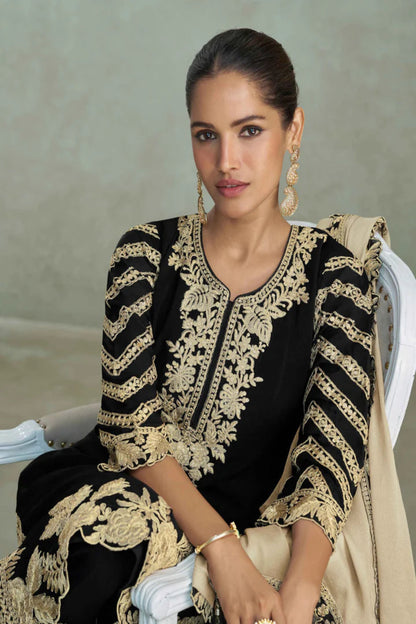 Ziva Noir Embroidered Chinon Silk Set