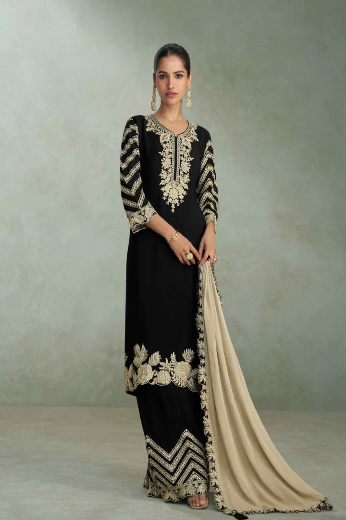 Ziva Noir Embroidered Chinon Silk Set