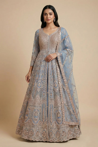 Dusty Blue Hand-Embroidered Anarkali Sharara Set