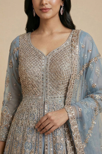Dusty Blue Hand-Embroidered Anarkali Sharara Set