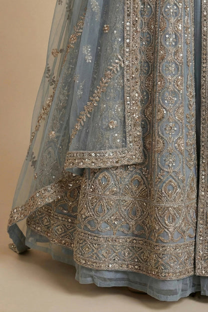 Dusty Blue Hand-Embroidered Anarkali Sharara Set