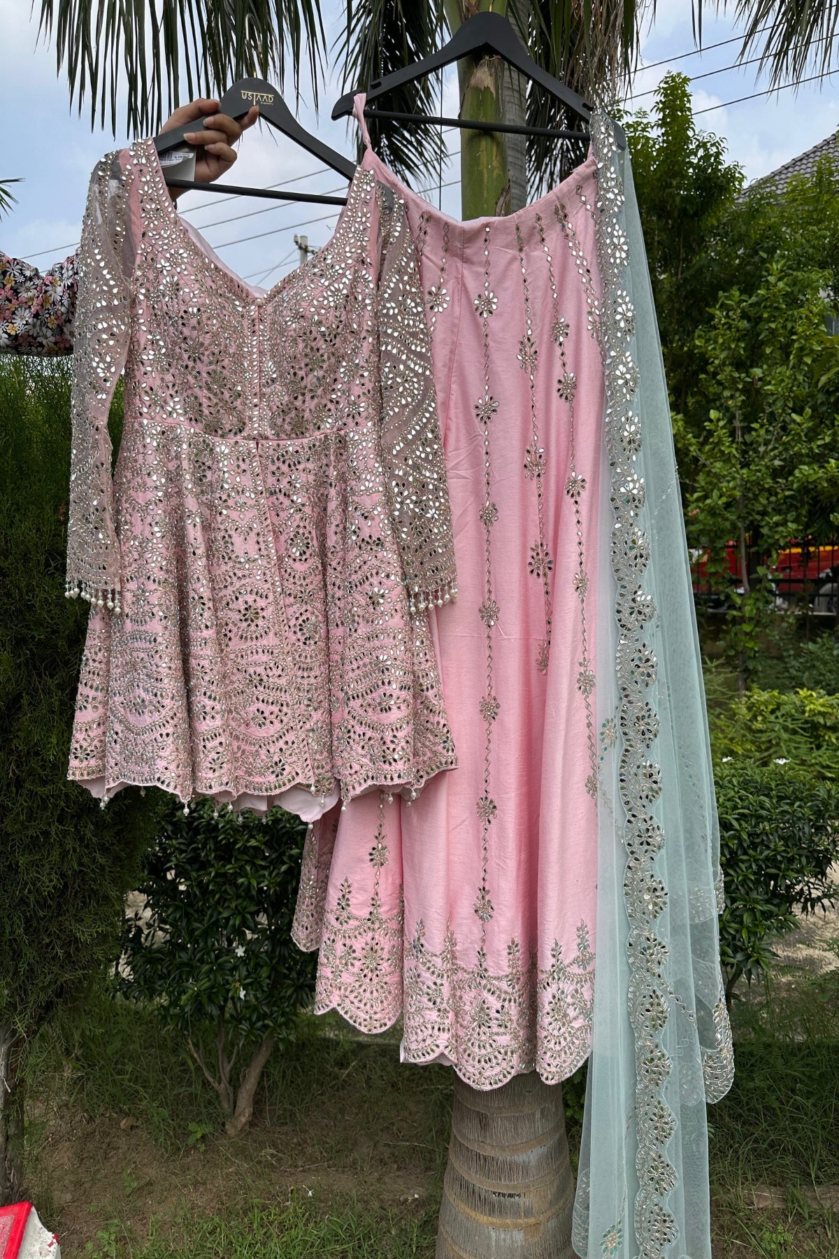 Pure Silk Pink Hand-Embroidered Peplum Sharara Set