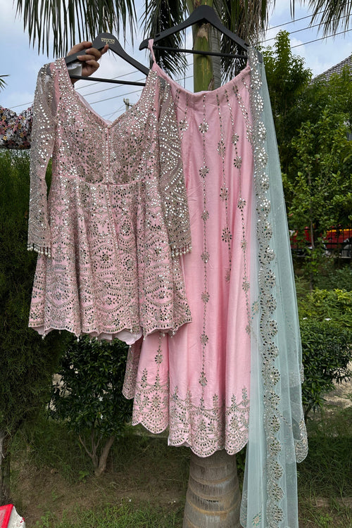 Pure Silk Pink Hand-Embroidered Peplum Sharara Set