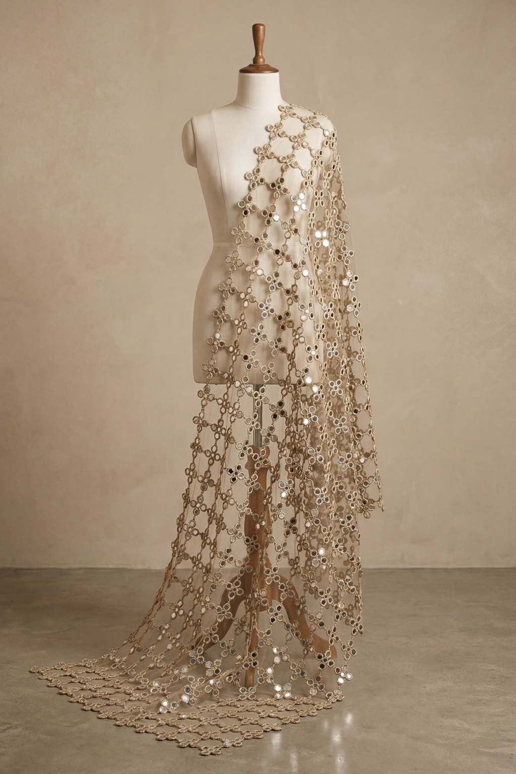 Mirror Veil Dupatta Tan scarf set by Dorie Atelier — front view