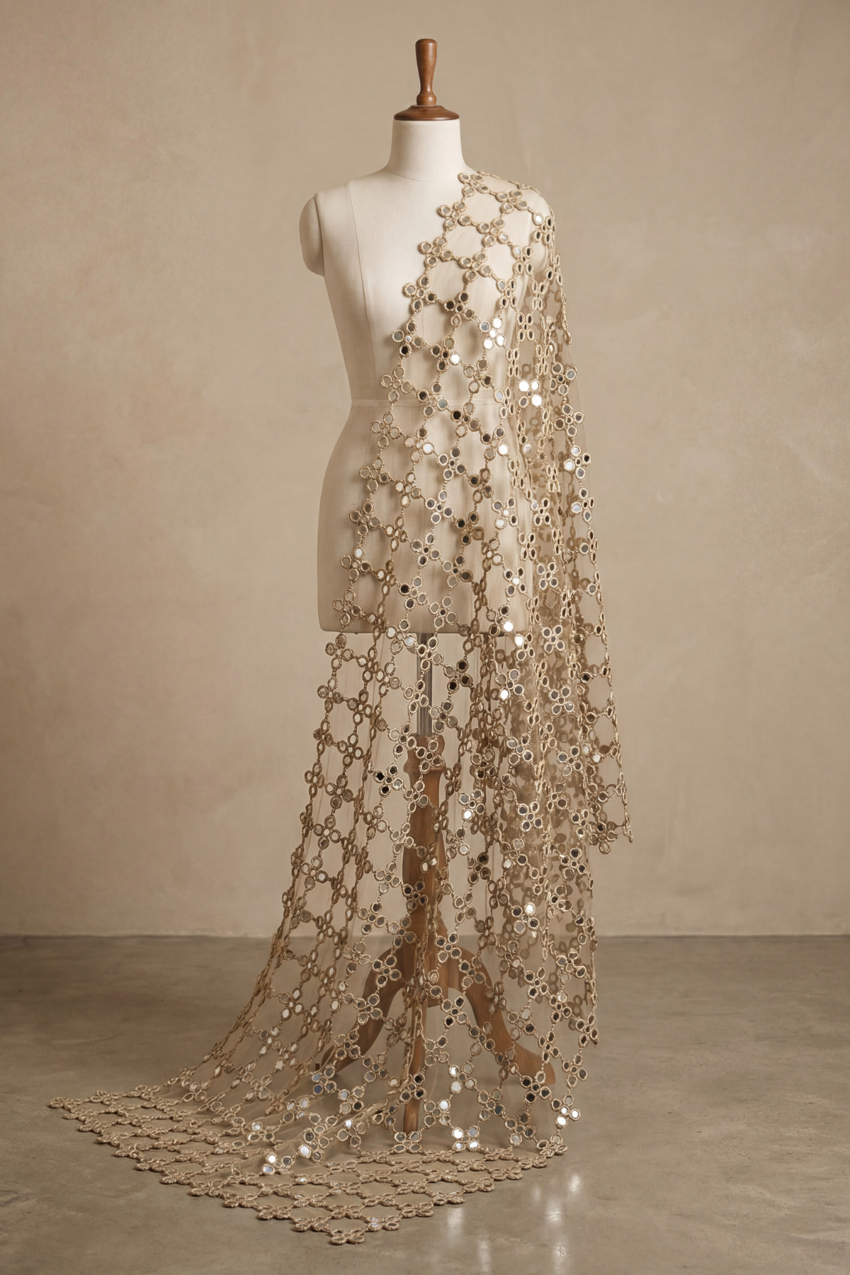Mirror Veil Dupatta Tan scarf set by Dorie Atelier — front view