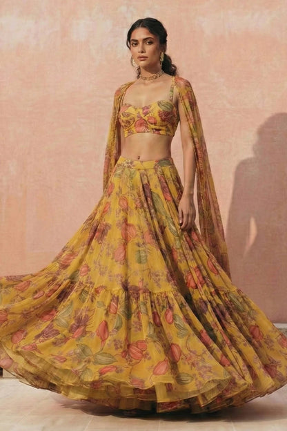 Aria Saffron Printed Organza Lehenga Set