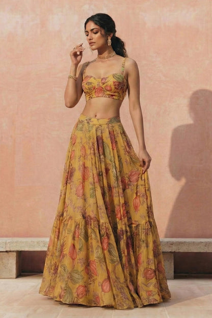Aria Saffron Printed Organza Lehenga Set