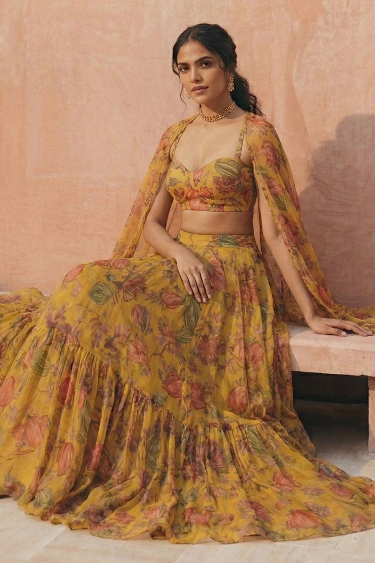 Aria Saffron Printed Organza Lehenga Set