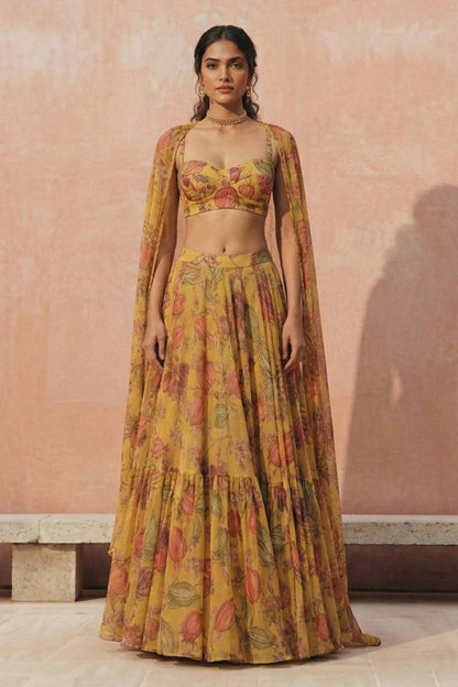 Aria Saffron Printed Organza Lehenga Set