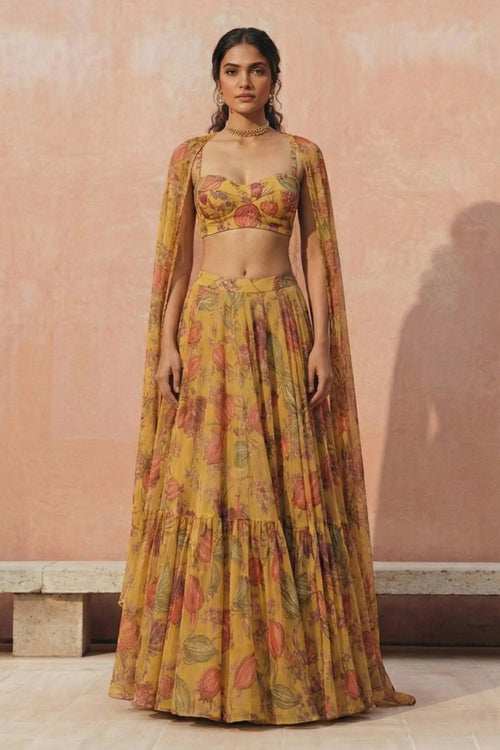 Aria Saffron Printed Organza Lehenga Set