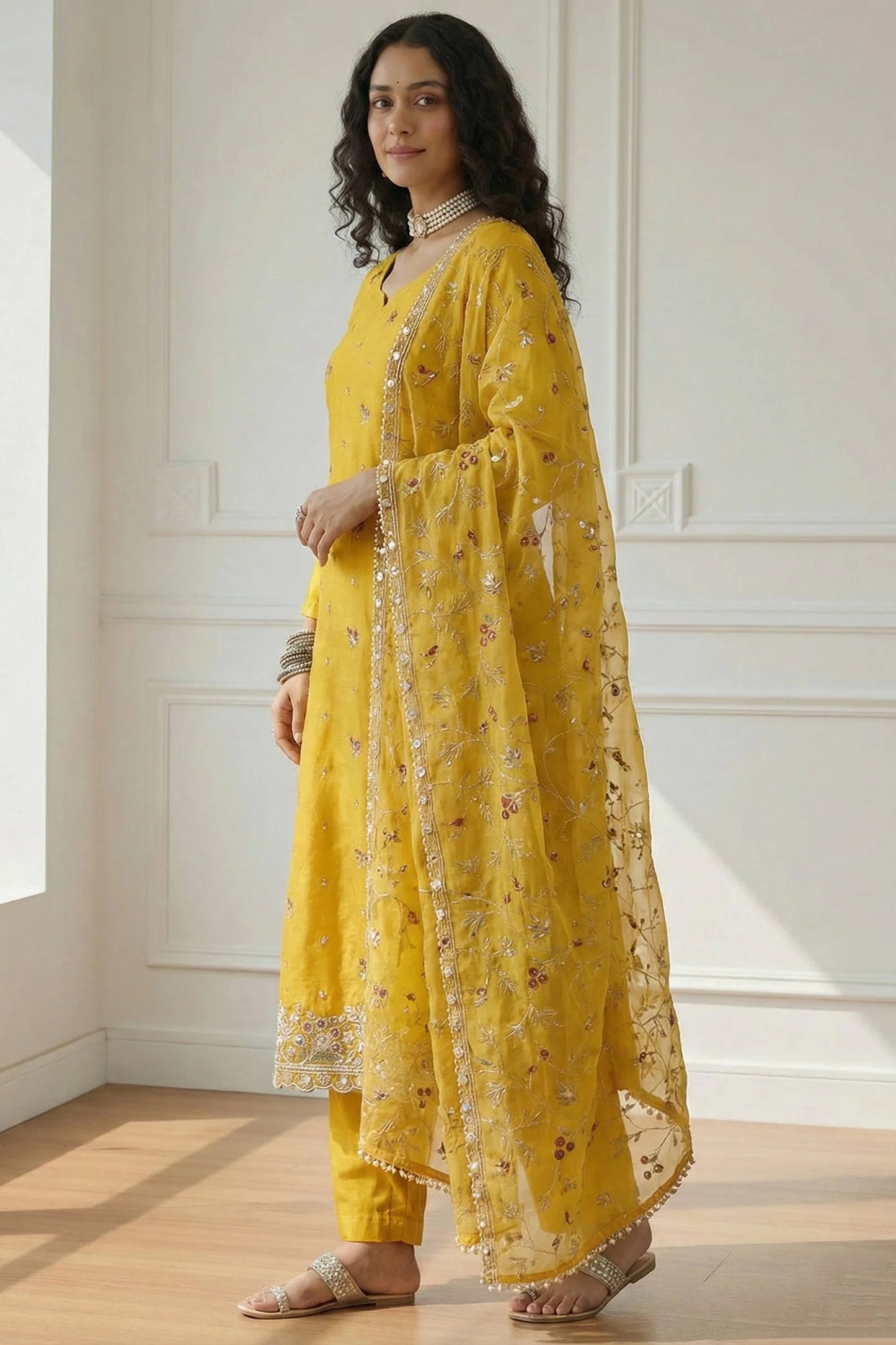 Zaria Mustard Hand-Embroidered Organza Suit Set