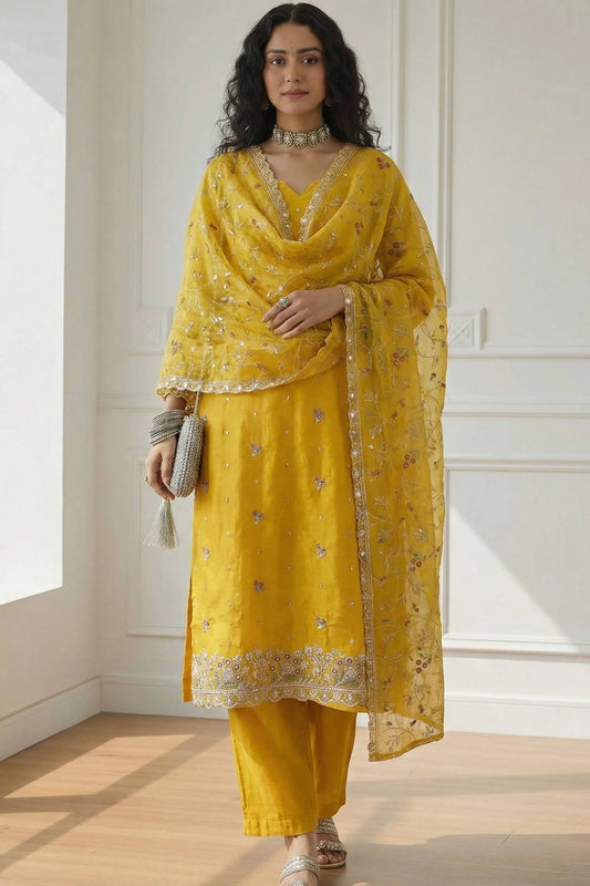 Zaria Mustard Hand-Embroidered Organza Suit Set