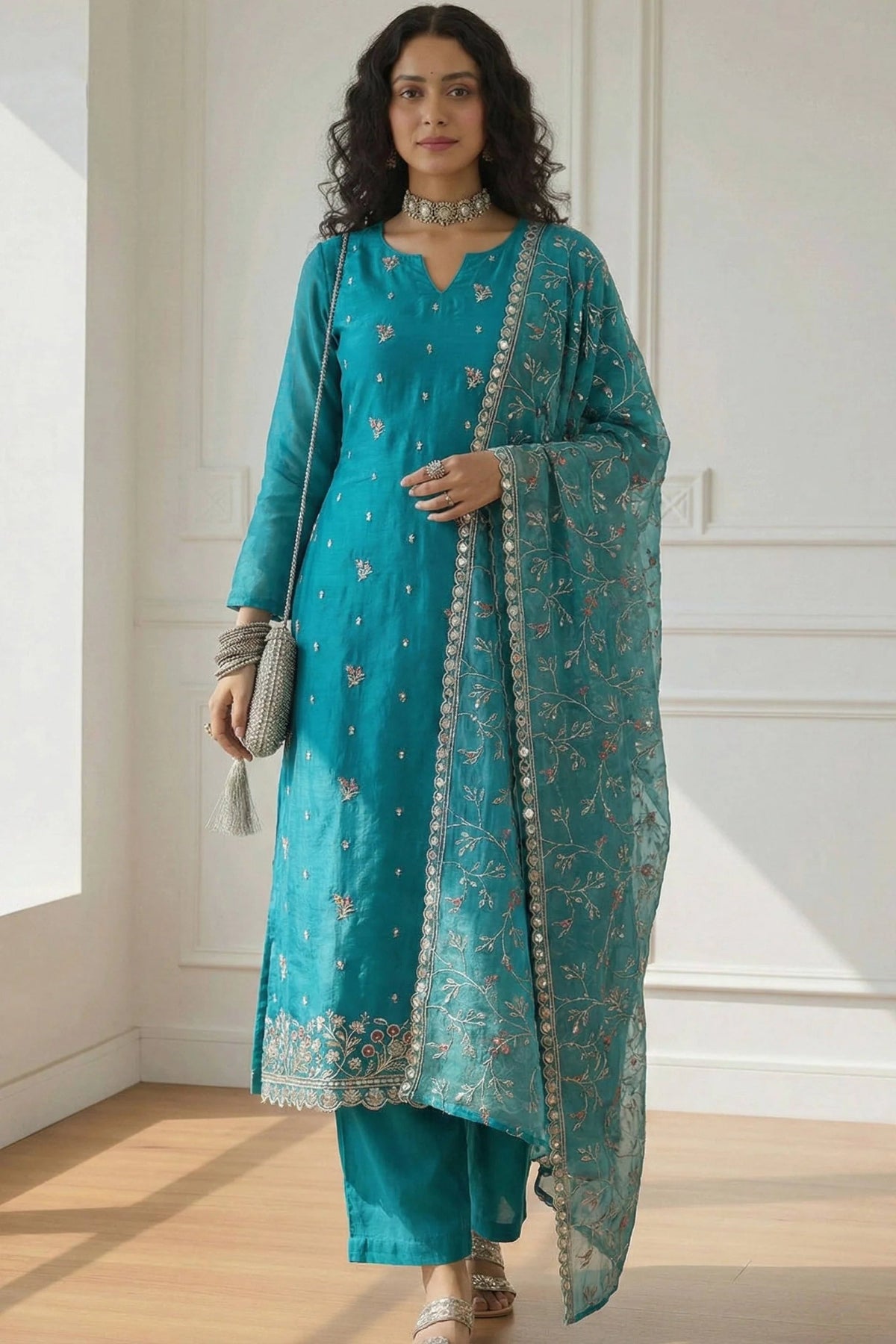 Zaria Teal Hand-Embroidered Organza Suit Set