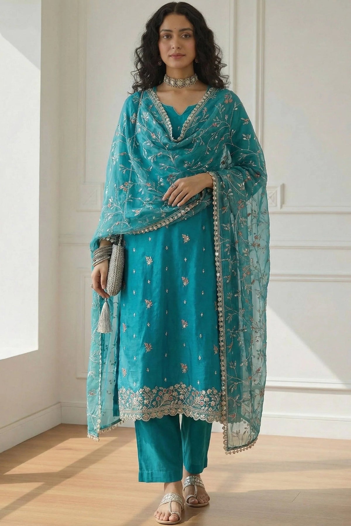 Zaria Teal Hand-Embroidered Organza Suit Set