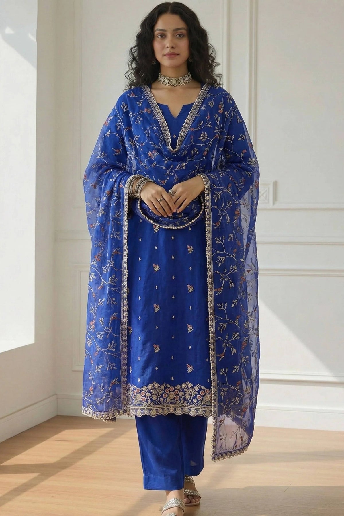 Zaria Cobalt Hand-Embroidered Organza Suit Set