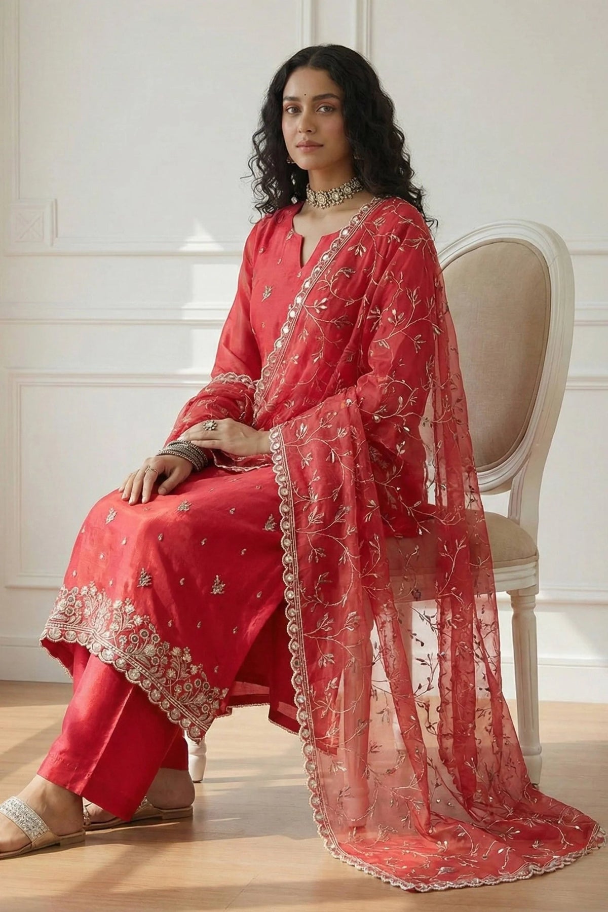 Zaria Crimson Hand-Embroidered Organza Suit Set