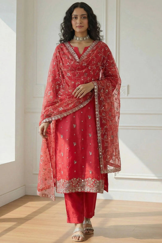 Zaria Crimson Hand-Embroidered Organza Suit Set