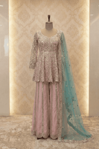 Pure Silk Pink Hand-Embroidered Peplum Sharara Set