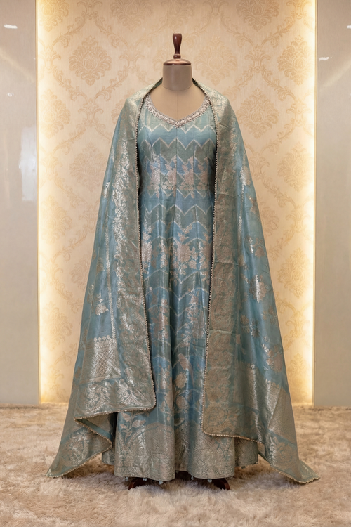 Teal Pure Crepe Anarkali Set
