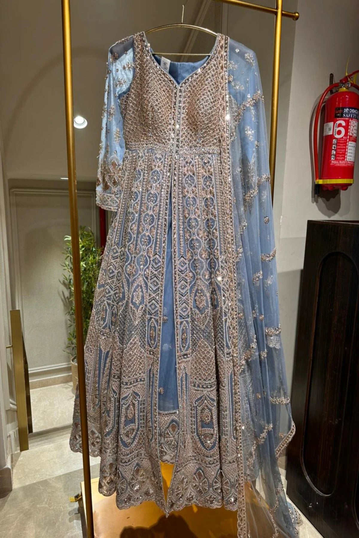 Dusty Blue Hand-Embroidered Anarkali Sharara Set