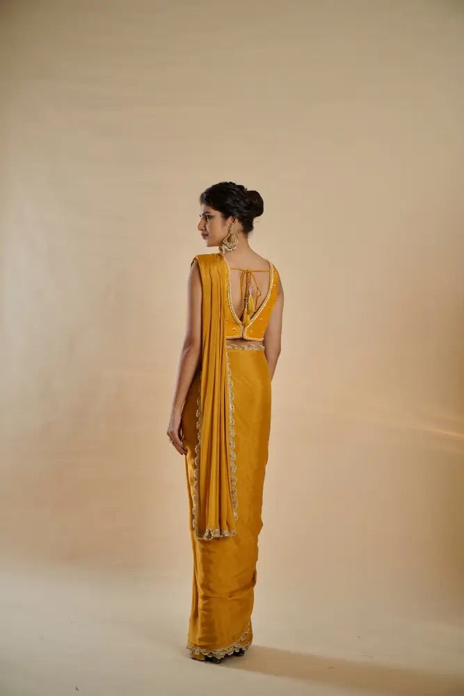 Mustard Gold Crepe Saree Set