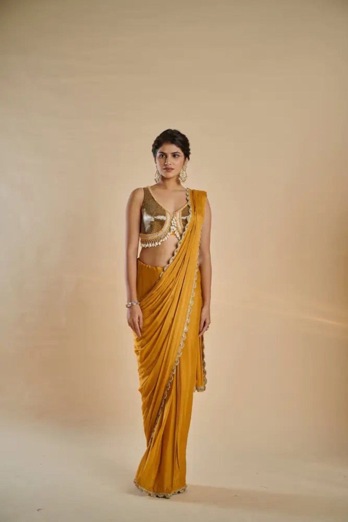 Mustard Gold Crepe Saree Set