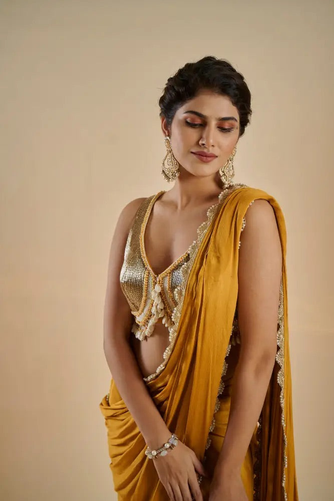 Mustard Gold Crepe Saree Set