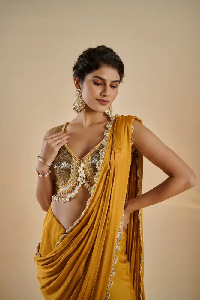 Mustard Gold Crepe Saree Set