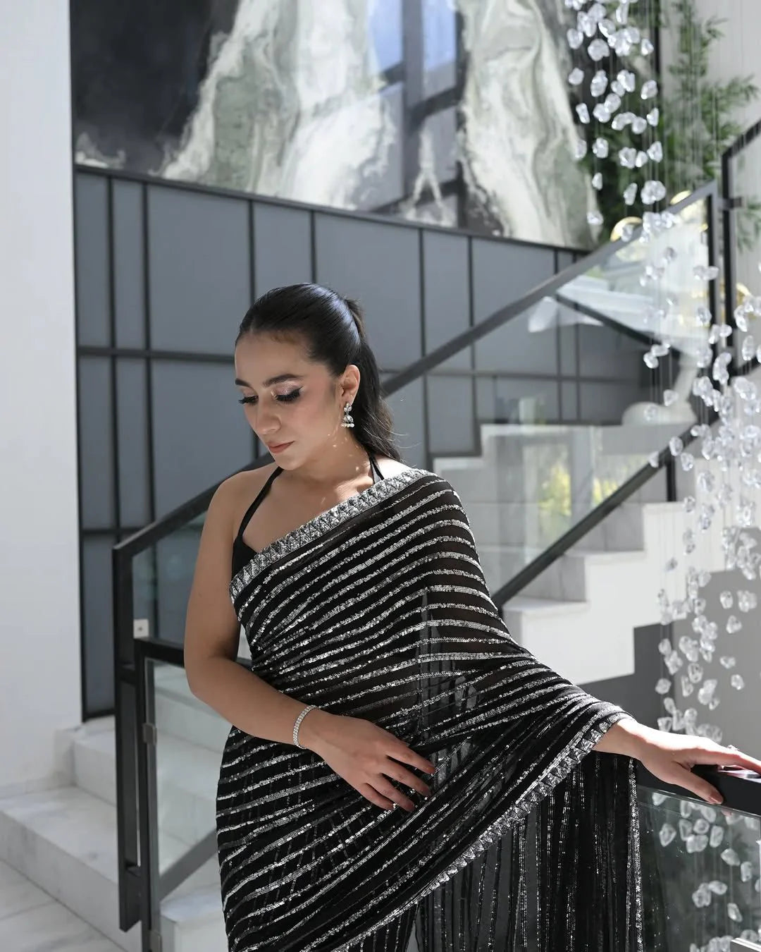 Black & Silver Sequin Chiffon Saree - Dorie