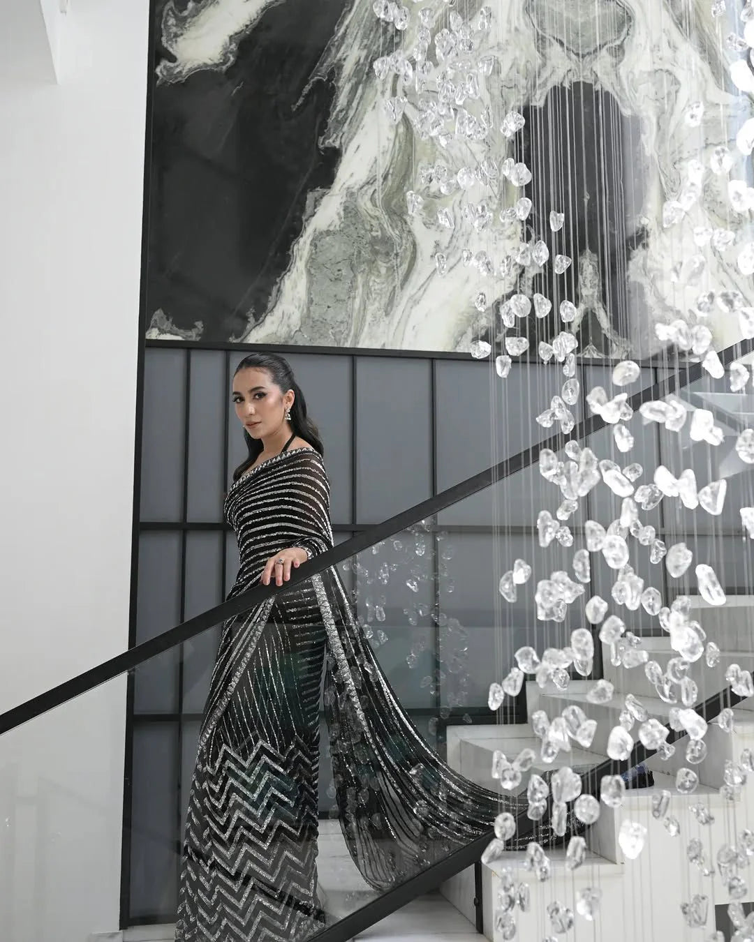 Black & Silver Sequin Chiffon Saree - Dorie