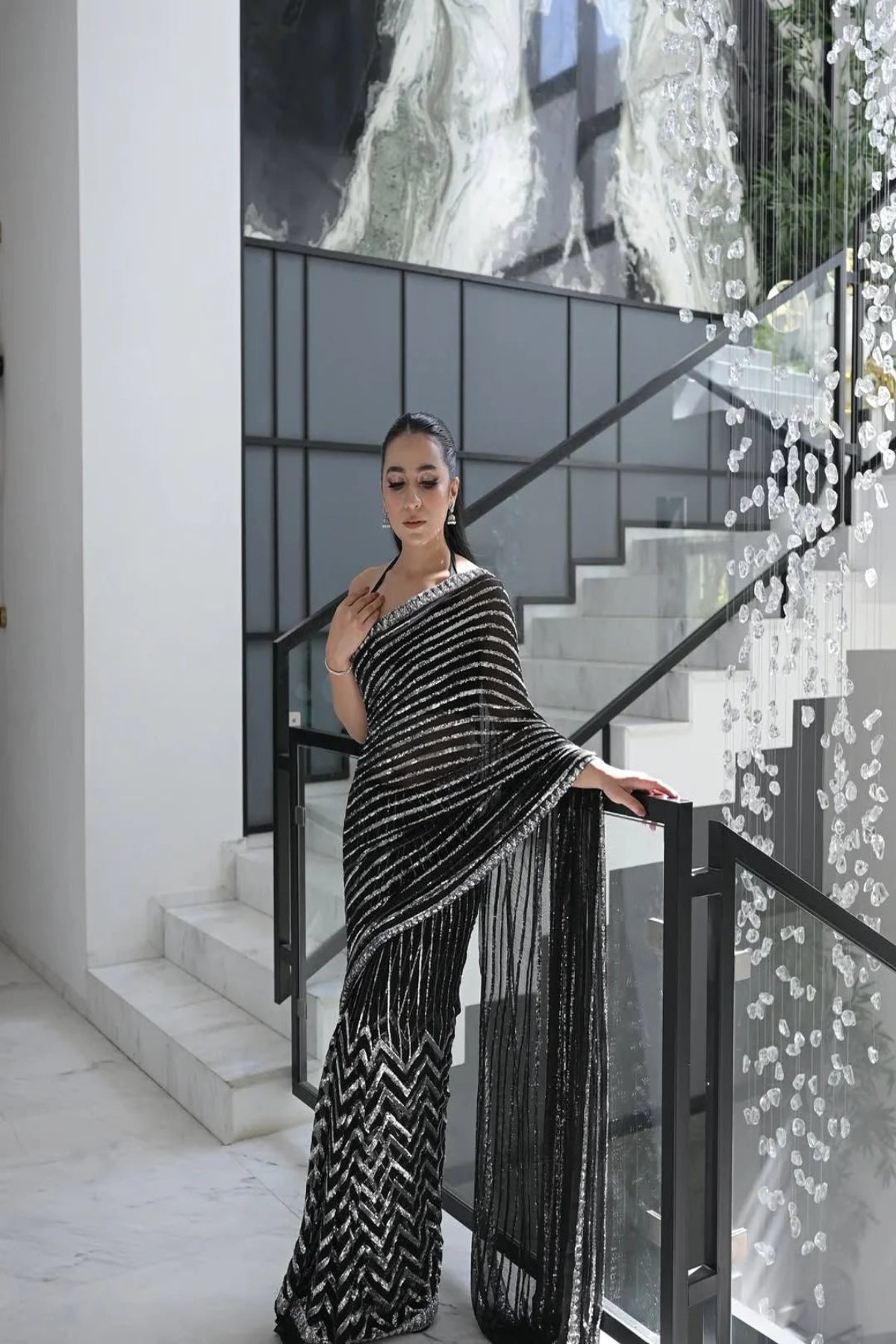Black & Silver Sequin Chiffon Saree - Dorie
