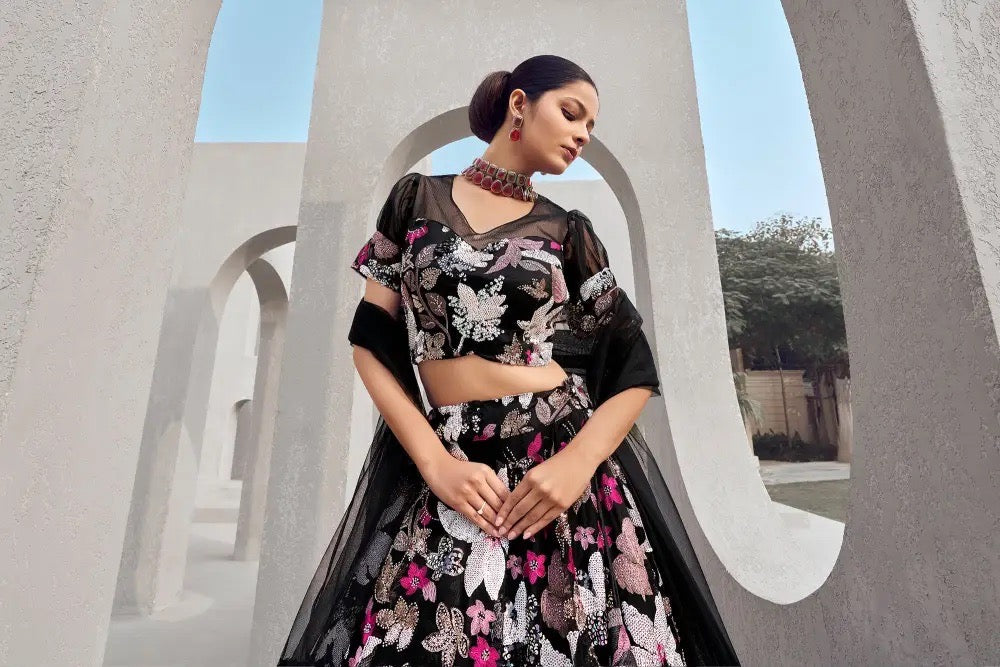 Black Sequin Floral Lehenga