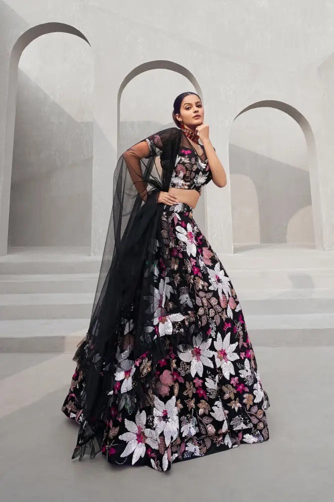 Black Sequin Floral Lehenga
