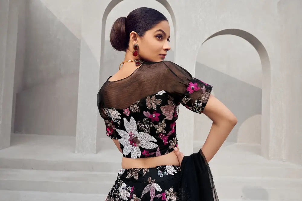 Black Sequin Floral Lehenga