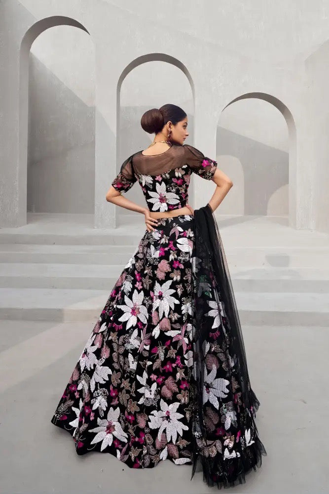 Black Sequin Floral Lehenga