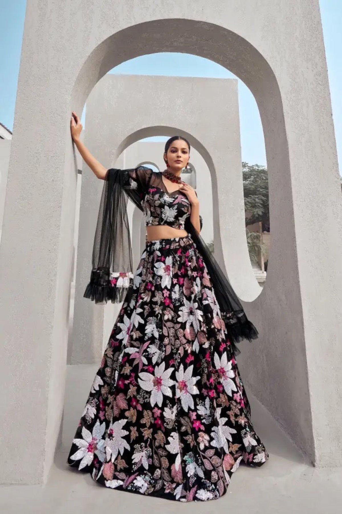 Black Sequin Floral Lehenga