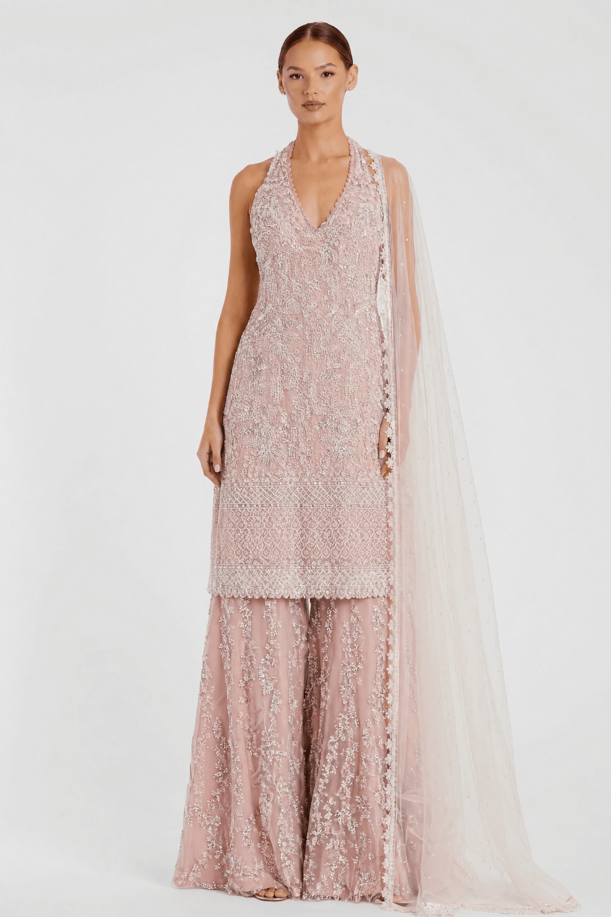 Blush Rose Hand-Embroidered Sharara Suit - Dorie Atelier