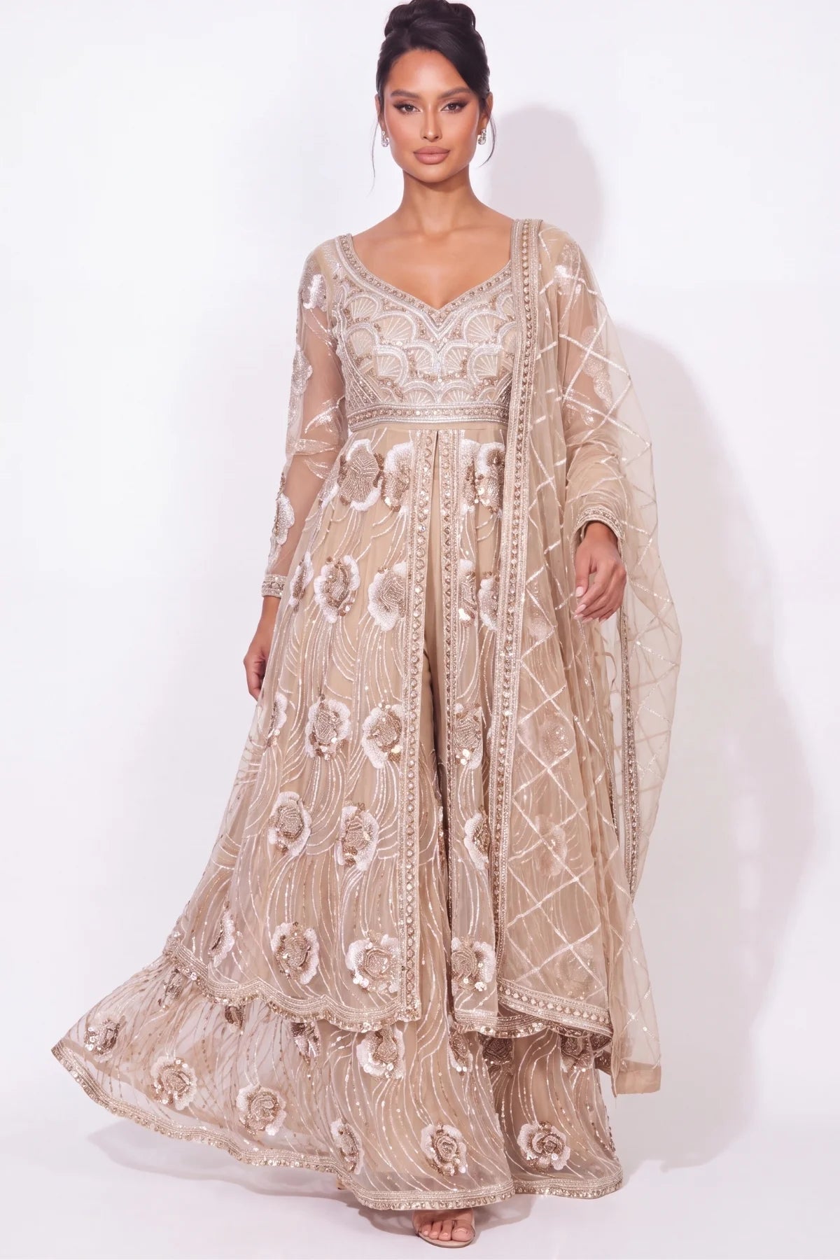 Champagne Panache Sharara Set - Dorie Atelier
