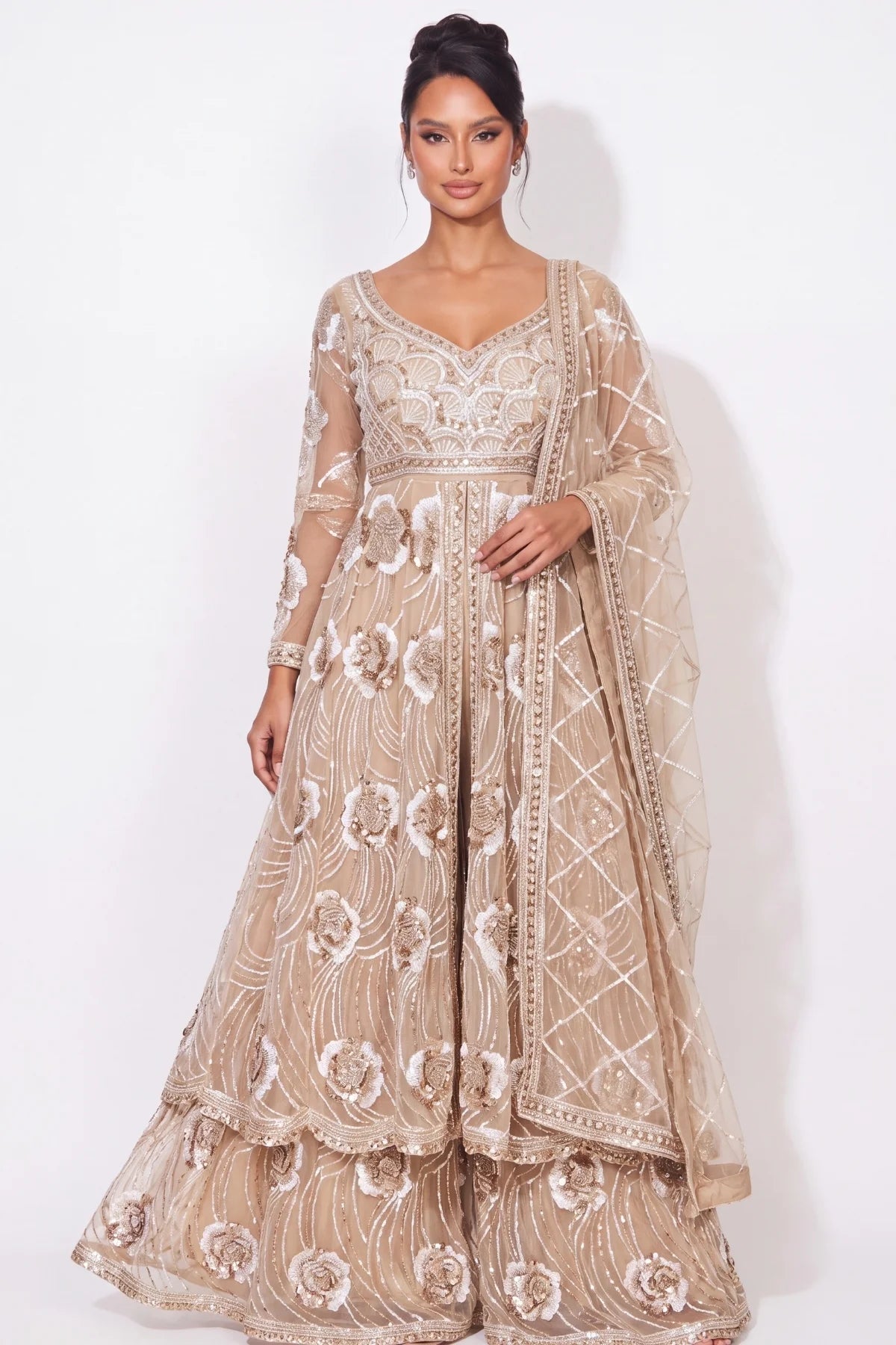 Champagne Panache Sharara Set - Dorie Atelier