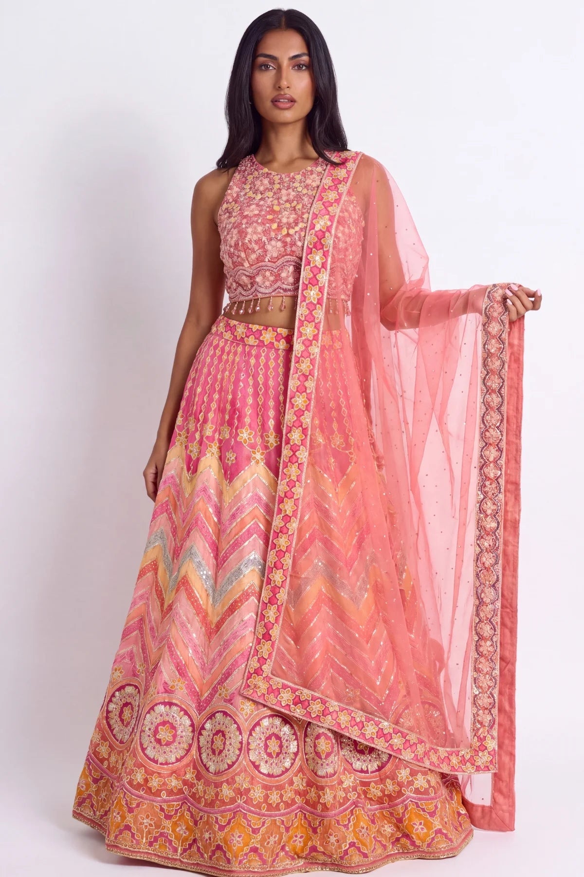 Coral Ombré Lehenga Set - Dorie Atelier