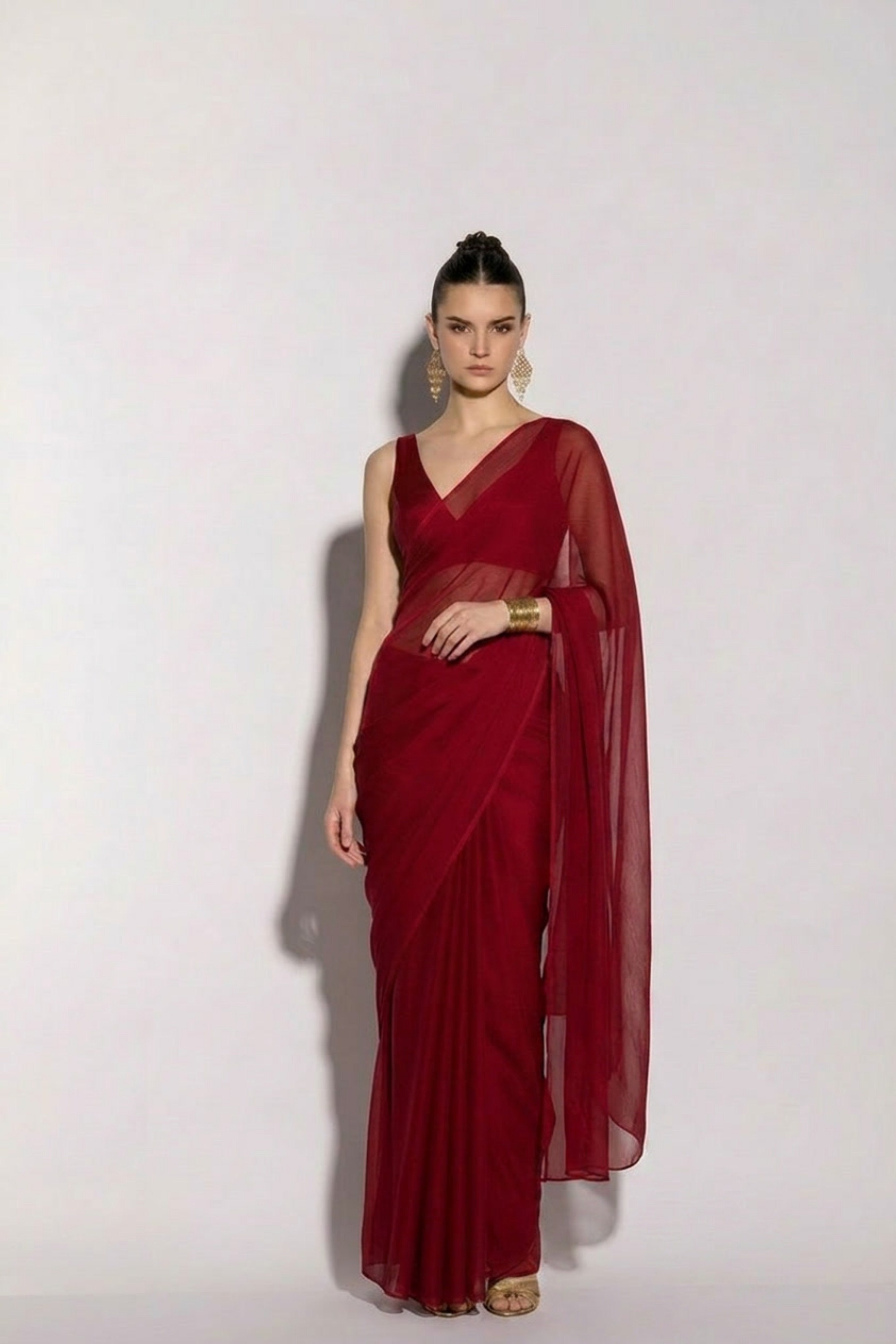 Crimson Pre-Pleated Saree - Dorie Atelier