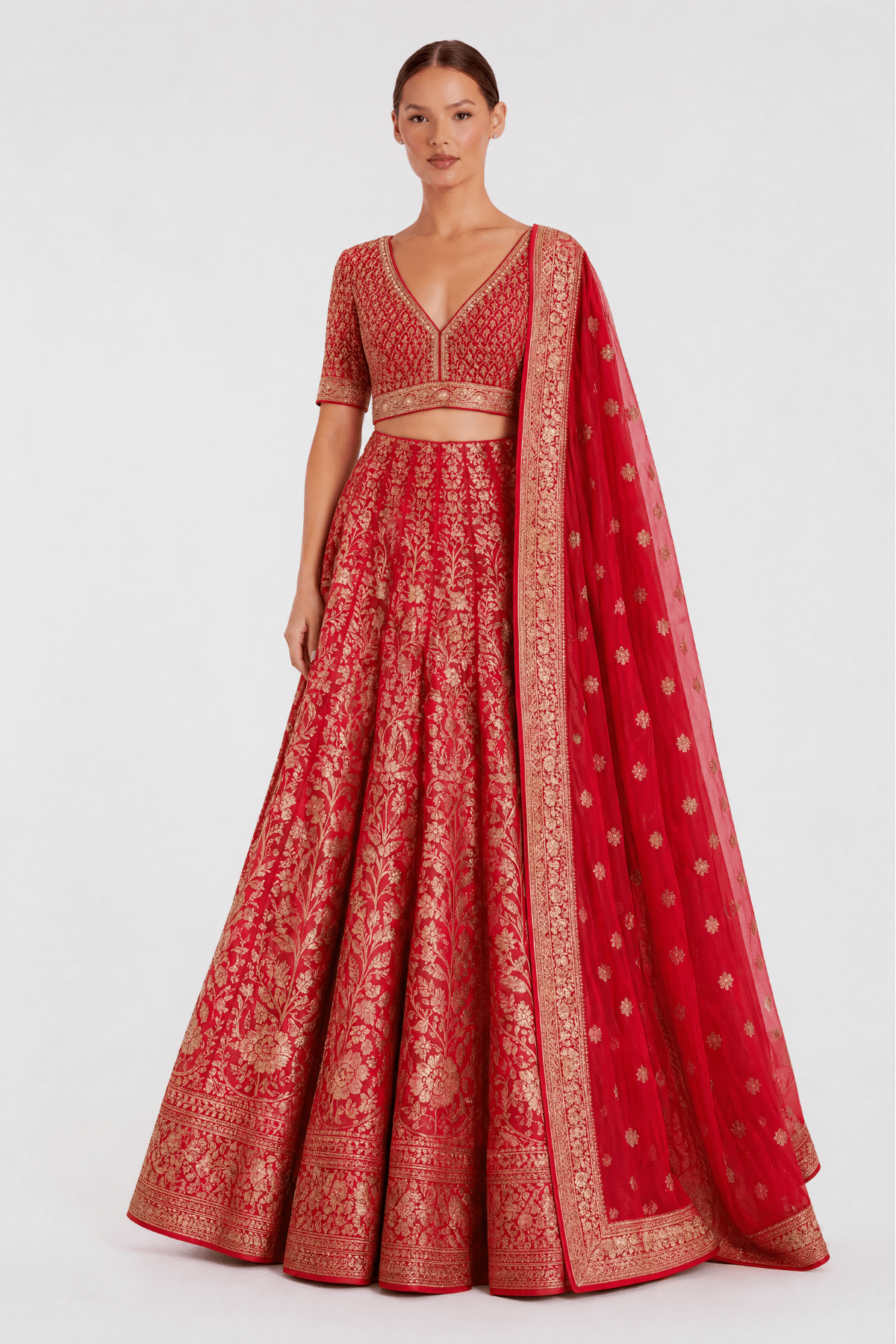Crimson Red Banarasi Woven Lehenga Set - Dorie Atelier