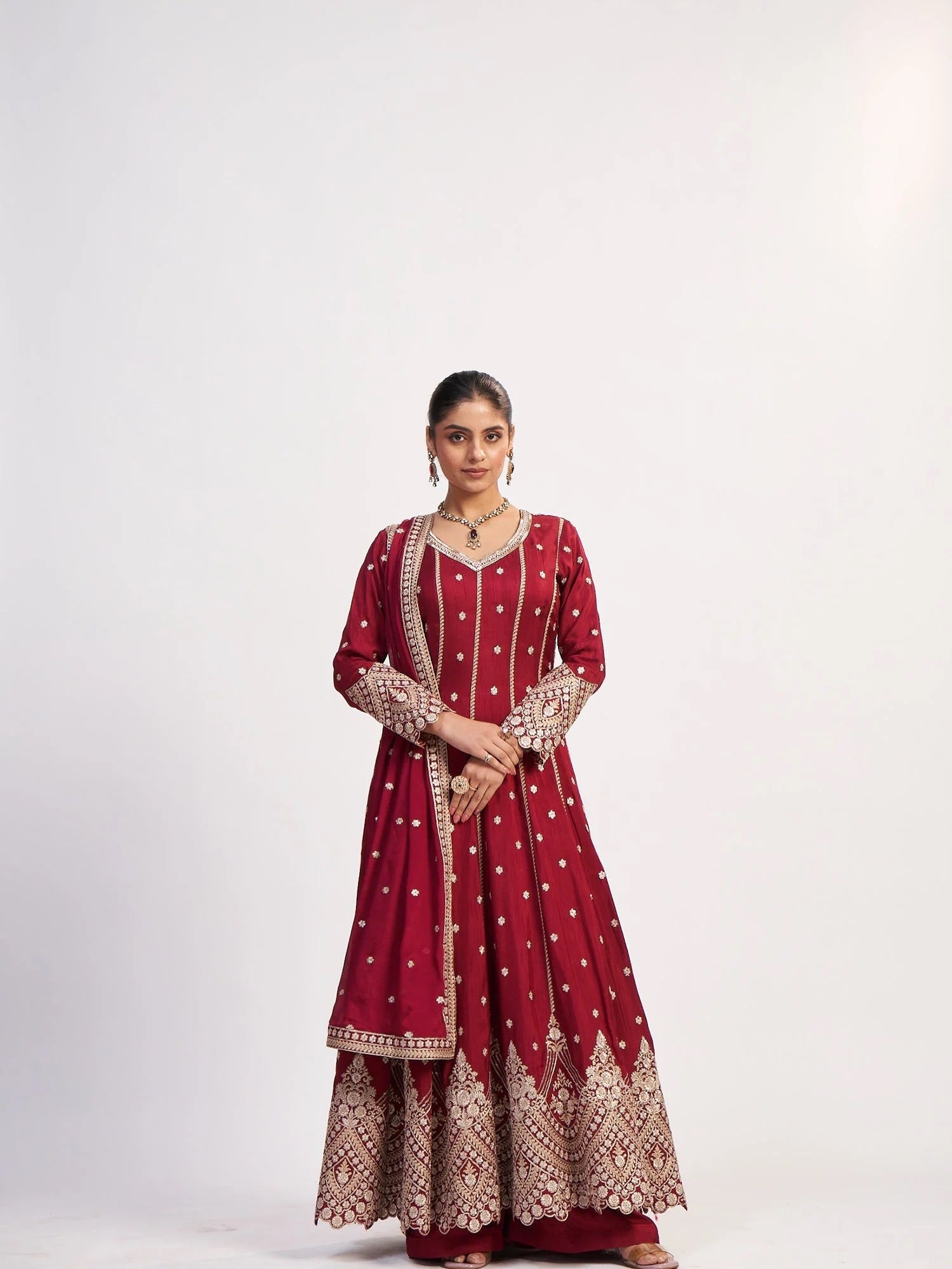 Maroon Satin Embroidered Anarkali Suit