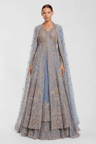 Dusty Blue Hand-Embroidered Anarkali Sharara Set