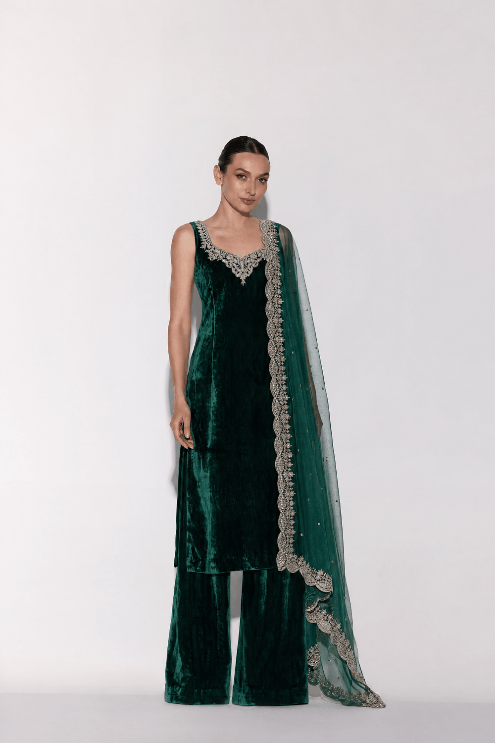 Emerald Velvet Embroidered Sharara Set - Dorie Atelier