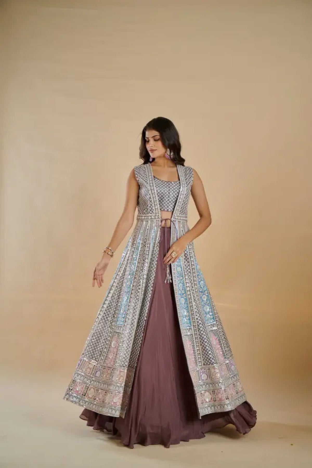 Mocha Multiwork Indo-Western Set