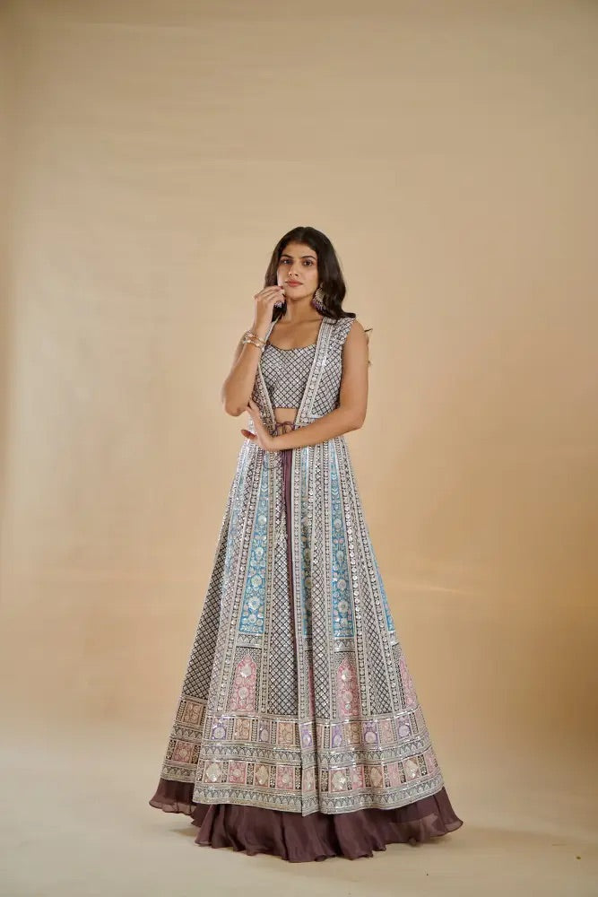 Mocha Multiwork Indo-Western Set